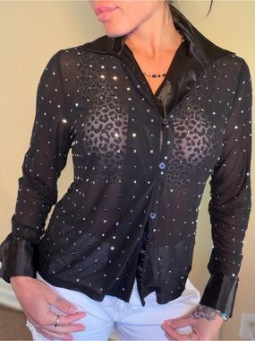 Black Sheer Button-Up Top with Bling Stud Detail